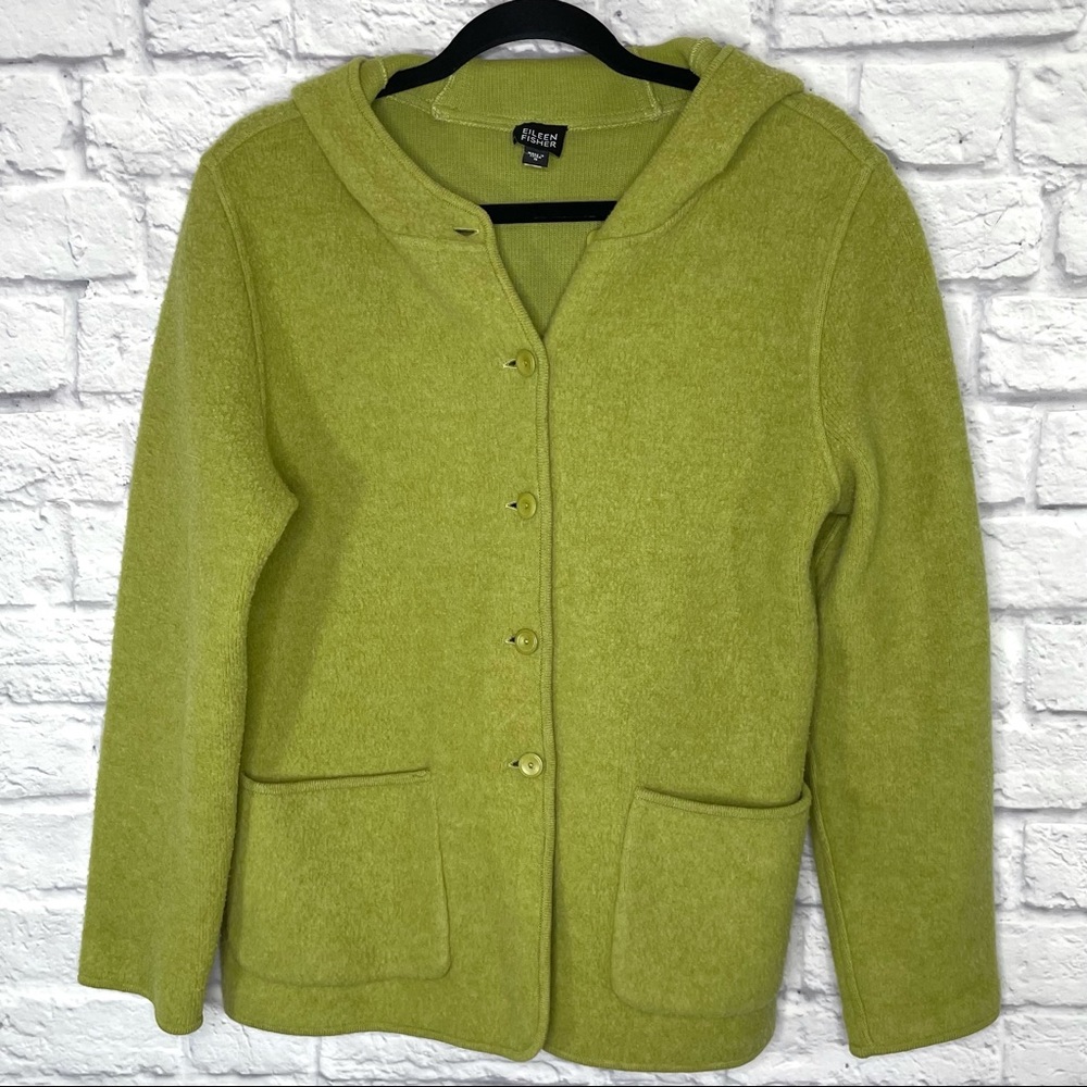 Eileen Fisher Sweater Jacket Green Lambswool Cotton Pockets Cardigan Hood Sz S
